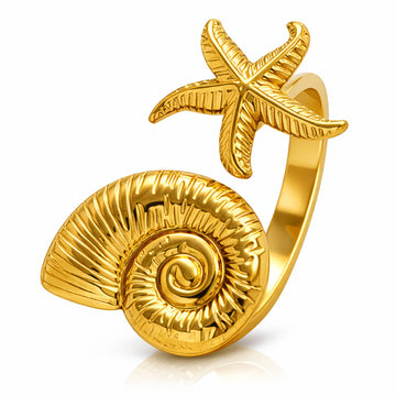 Starfish And Seashell Ring, 18K Gold Plated Steel