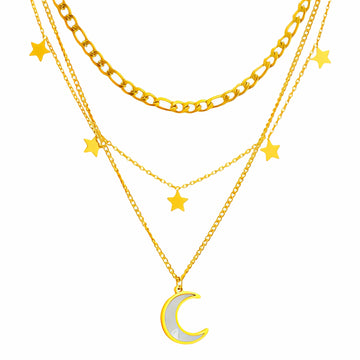 Crescent And Star Necklace, 18K Gold Plated Steel