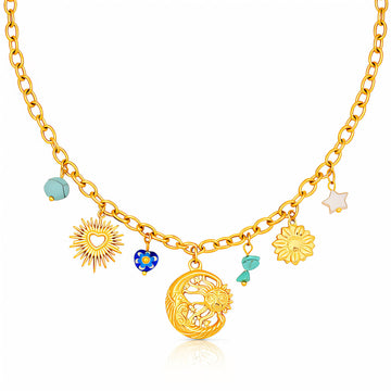 Crescent And Sun Necklace, 18K Gold Plated Steel