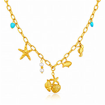 Starfish And Seashell Necklace, 18K Gold Plated Steel