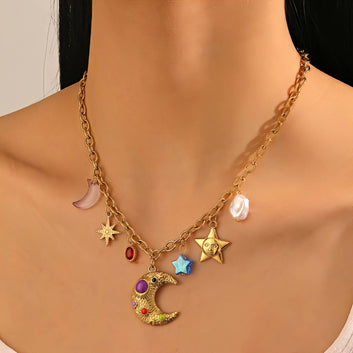 Crescent And Star Necklace, 18K Gold Plated Steel