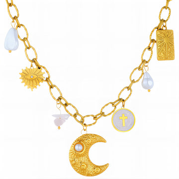 Moon Necklace, 18K Gold Plated Steel