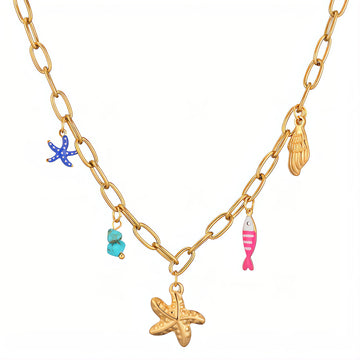 Starfish and Seashell Necklace, 18K Gold Plated Steel