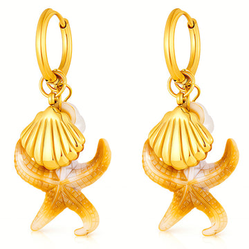 Starfish And Seashell Earrings, 18K Gold Plated Steel