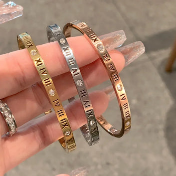 Korean Style Roman Numeral Stainless Steel Bracelet, Colorfast Geometric Open Bangle, Simple Party Jewelry Gift for Women