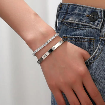 2 Pcs Luxury Love Charm Bracelet Set, Cubic Zirconia Friendship Cuff Bangle, Elegant Witness Gift of Love for Women & Teen Girls
