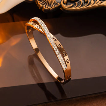 Classic Cross Roman Numeral Stainless Steel Bracelet, Luxury Rhinestone Charm Bangle, Casual Party Jewelry Gift for Women