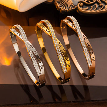 Classic Cross Roman Numeral Stainless Steel Bracelet, Luxury Rhinestone Charm Bangle, Casual Party Jewelry Gift for Women