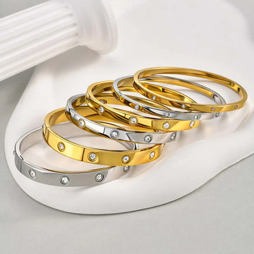 Premium Cubic Zirconia Stainless Steel Bracelet, 18K Gold Plated Waterproof Openable Bangle, Luxury Charm Jewelry Gift for Women