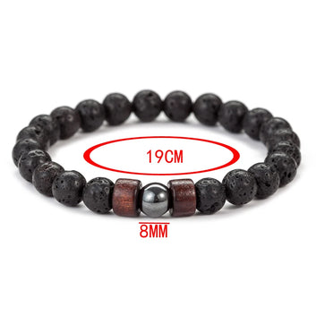 Natural Lava Volcanic Stone & Wooden Beads Bracelet, Handmade Tibetan Buddha Elastic Wrist Chain, Men's Fashion Jewelry Gift