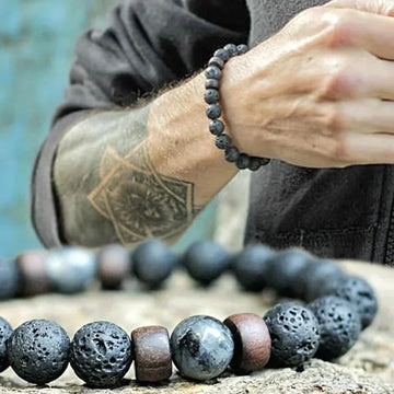 Natural Lava Volcanic Stone & Wooden Beads Bracelet, Handmade Tibetan Buddha Elastic Wrist Chain, Men's Fashion Jewelry Gift