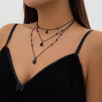 Gothic Black Droplet Crystal Pendant Necklace Set, Vintage Metal Link Chain Choker, Multi-Layered Aesthetic Jewelry for Women