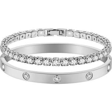 2 Pcs Luxury Love Charm Bracelet Set, Cubic Zirconia Friendship Cuff Bangle, Elegant Witness Gift of Love for Women & Teen Girls