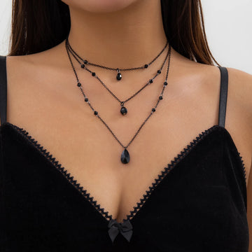 Gothic Black Droplet Crystal Pendant Necklace Set, Vintage Metal Link Chain Choker, Multi-Layered Aesthetic Jewelry for Women