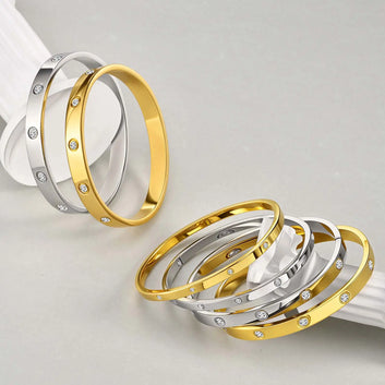 Premium Cubic Zirconia Stainless Steel Bracelet, 18K Gold Plated Waterproof Openable Bangle, Luxury Charm Jewelry Gift for Women