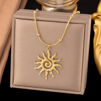 Vintage Chic Sun Pendant Necklace & Stainless Steel Earrings Set, Statement Golden Jewelry Accessories Gift for Women